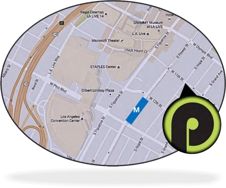 A map of the city with a green circle around it.