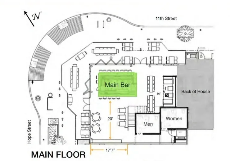 A floor plan of the main bar and restaurant.