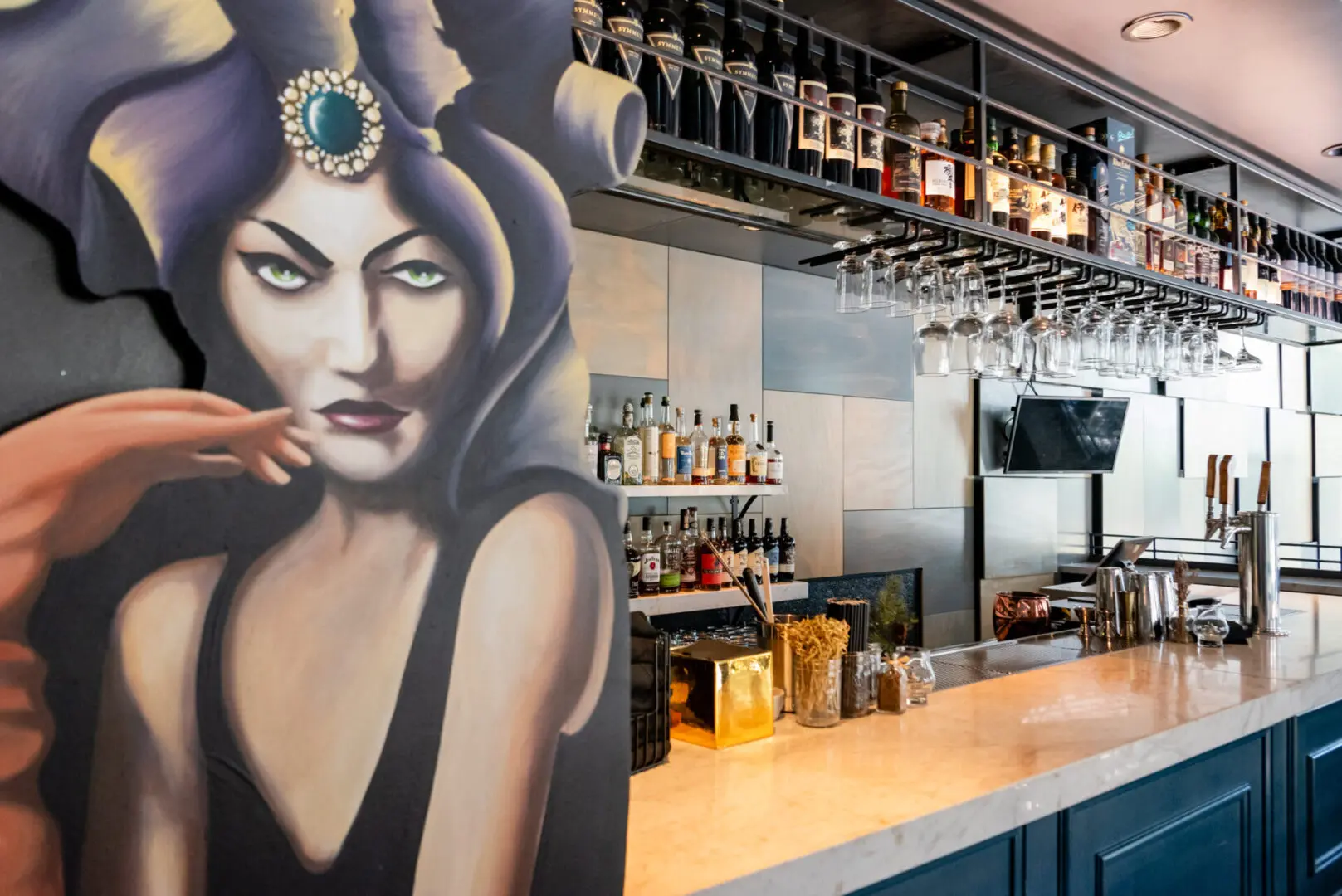 A painting of a woman in front of a bar.